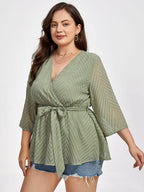 Plus Jacquard V-Neck Lantern Sleeve Tie Front Blouse
