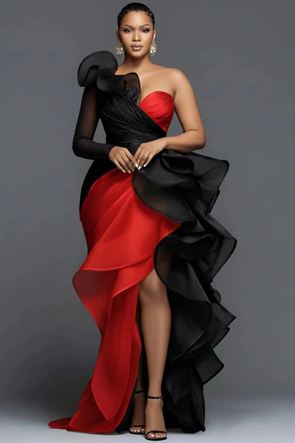 Xpluswear Design Plus Size Formal Gold Oblique Collar One Shoulder Long Sleeve Ruffle Elegant Asymmetric Hem Irregular Hem Maxi Dresses