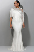 Xpluswear Design Plus Size Wedding Sequin White Round Neck Short Sleeve Mermaid Strappy Satin Maxi Dresses