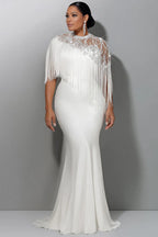 Xpluswear Design Plus Size Wedding Sequin White Round Neck Short Sleeve Mermaid Strappy Satin Maxi Dresses