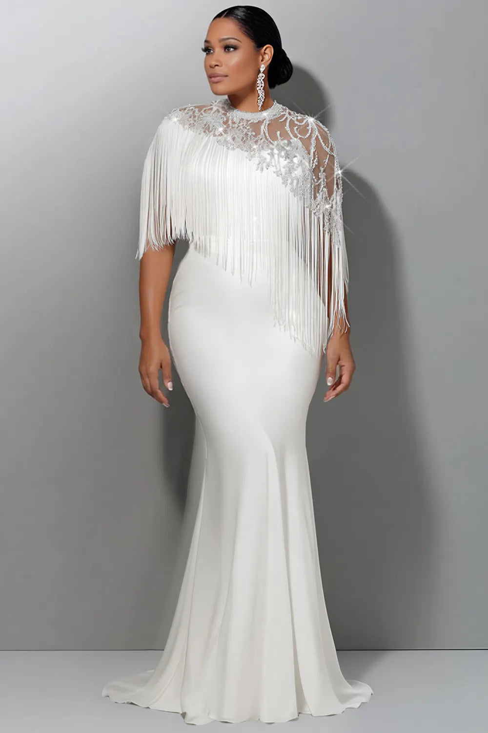 Xpluswear Design Plus Size Wedding Sequin White Round Neck Short Sleeve Mermaid Strappy Satin Maxi Dresses