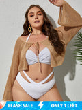 Plus Beige Tie Front Crochet Cover Up