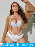 Plus Beige Tie Front Crochet Cover Up