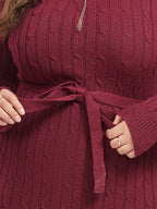 VIP Cable Knit Belted Split  Midi Sweater Dress