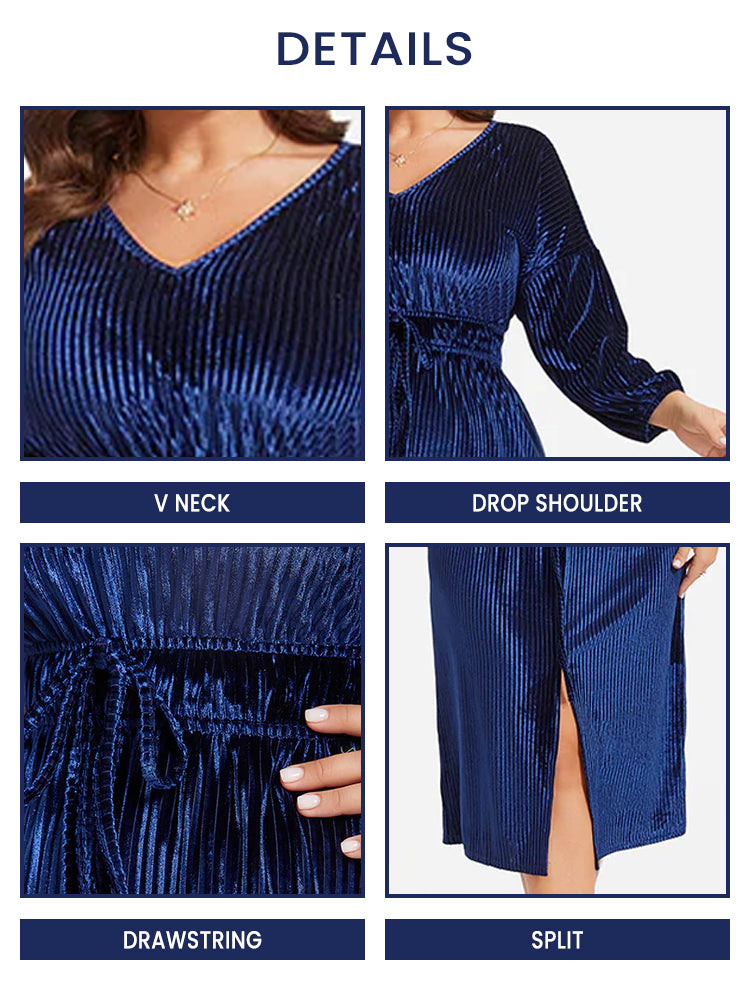 Drawstring Waist Split Velvet Midi Dress