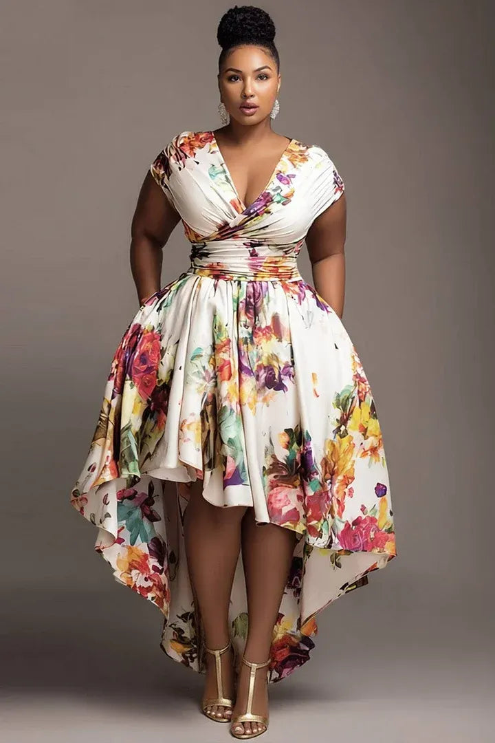 Xpluswear Design Plus Size Wedding Guest White Floral Wrap Neck High Low Hem Pocket Midi Dresses
