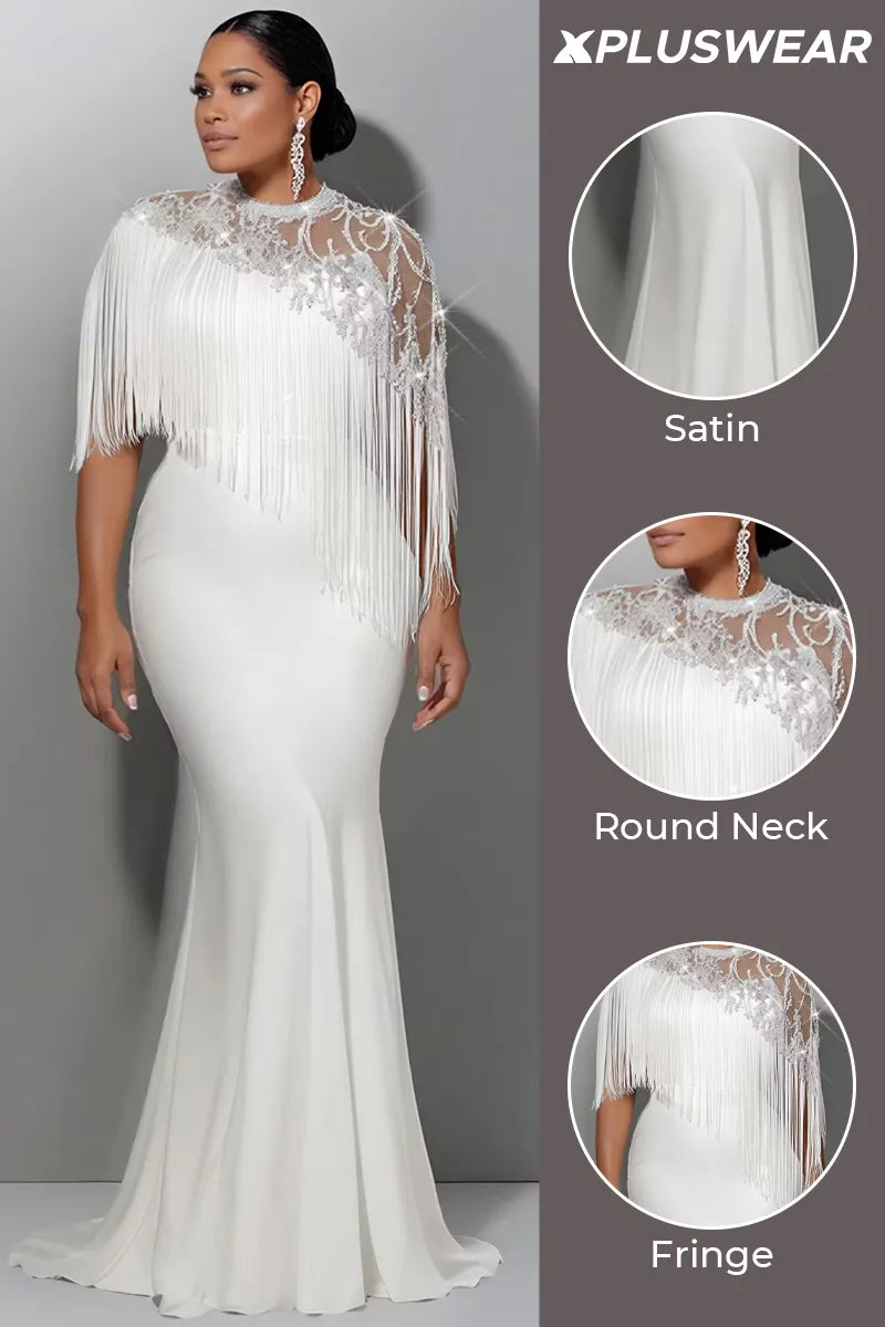 Xpluswear Design Plus Size Wedding Sequin White Round Neck Short Sleeve Mermaid Strappy Satin Maxi Dresses