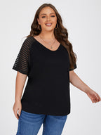 Plus Black Lace Patchwork  V-Neck Tee