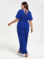 VIP Plus V Neck Dolman Sleeve Pocket Shirred Wide Leg Jumpsuit