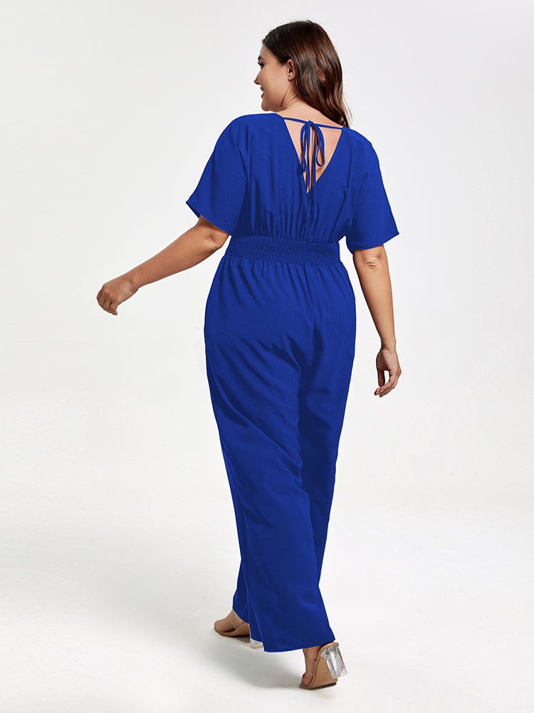 VIP Plus V Neck Dolman Sleeve Pocket Shirred Wide Leg Jumpsuit