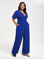 VIP Plus V Neck Dolman Sleeve Pocket Shirred Wide Leg Jumpsuit