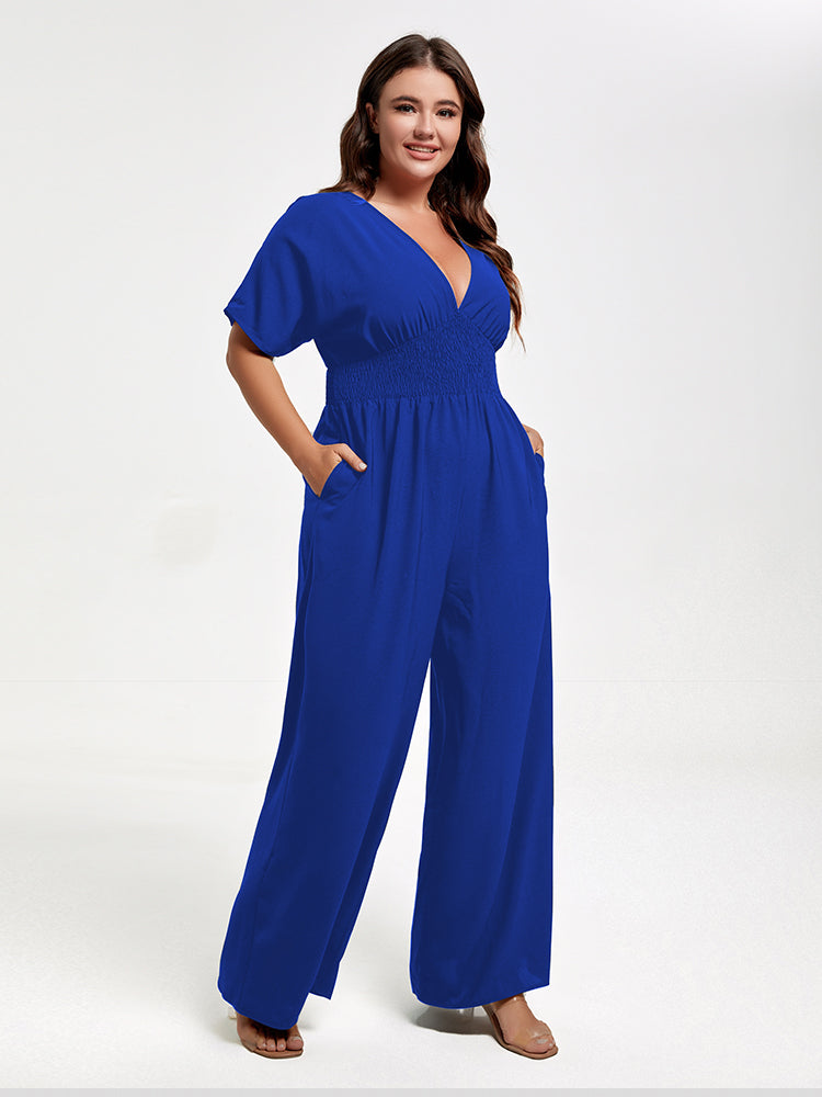 VIP Plus V Neck Dolman Sleeve Pocket Shirred Wide Leg Jumpsuit