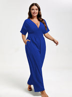 VIP Plus V Neck Dolman Sleeve Pocket Shirred Wide Leg Jumpsuit