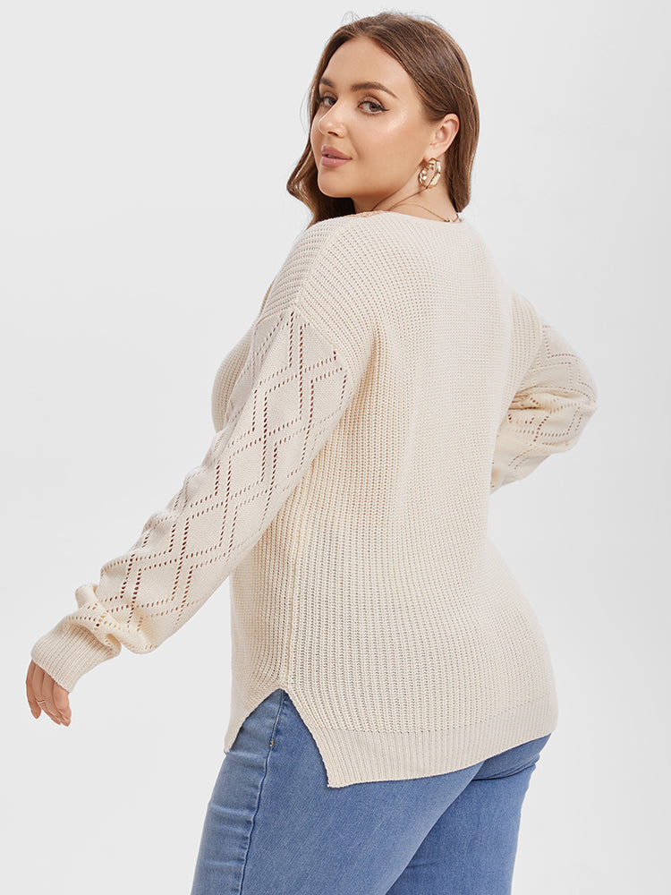 VIP Eyelet Lace Drop Shoulder Split Pointelle Knit Sweater