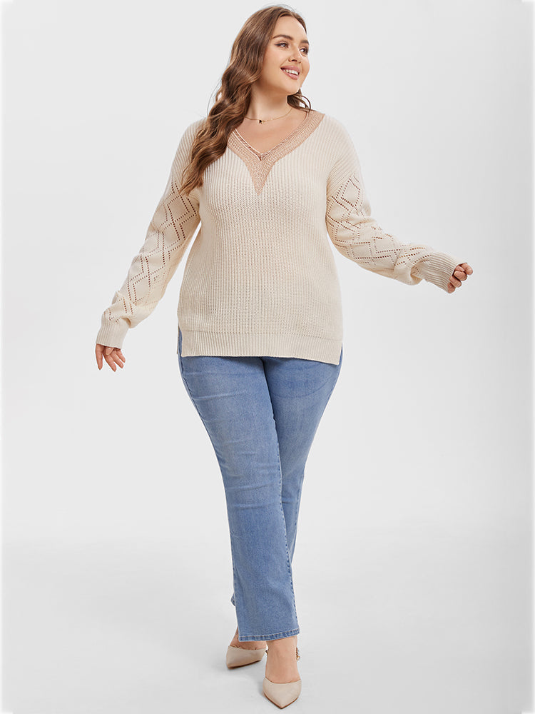 VIP Eyelet Lace Drop Shoulder Split Pointelle Knit Sweater