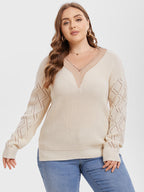 VIP Eyelet Lace Drop Shoulder Split Pointelle Knit Sweater
