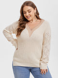 VIP Eyelet Lace Drop Shoulder Split Pointelle Knit Sweater
