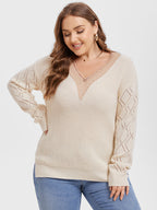 VIP Eyelet Lace Drop Shoulder Split Pointelle Knit Sweater