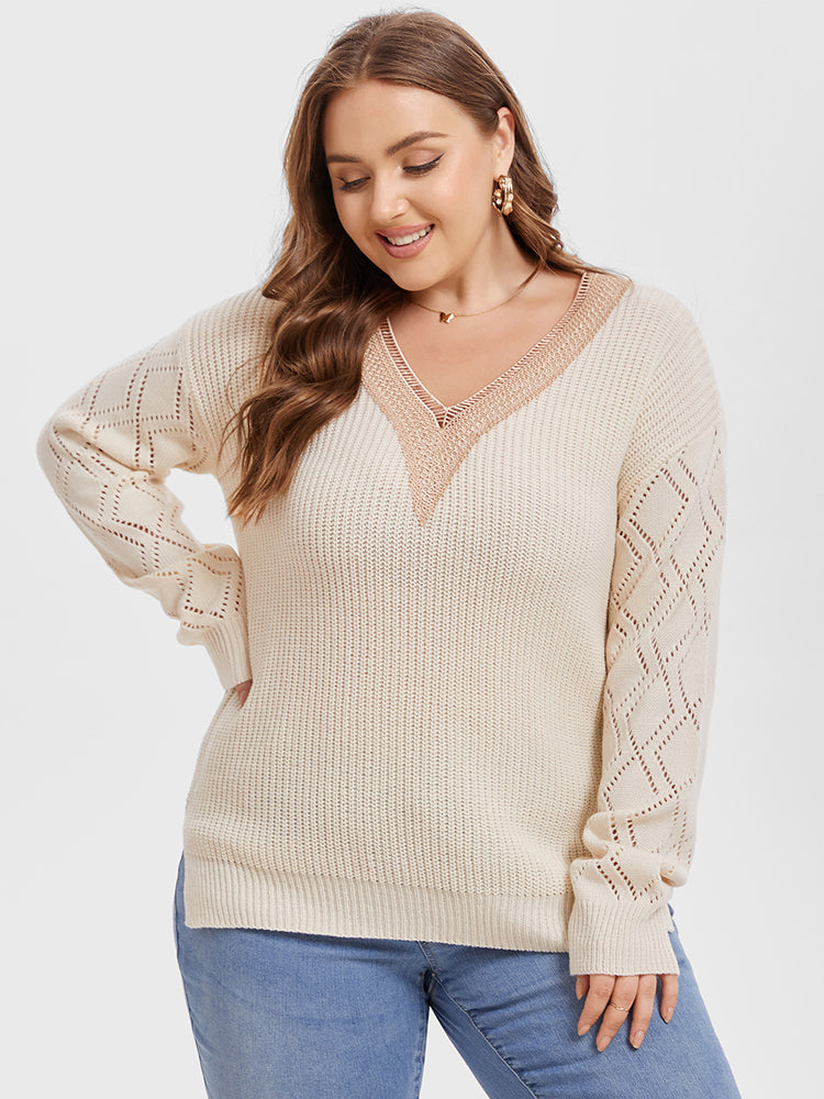 VIP Eyelet Lace Drop Shoulder Split Pointelle Knit Sweater