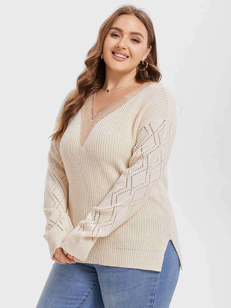 VIP Eyelet Lace Drop Shoulder Split Pointelle Knit Sweater