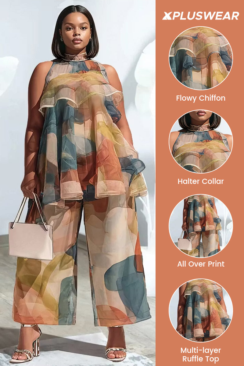 Xpluswear Design Plus Size Vacation Elegant Multicolor All Over Print Halter Collar Ruffle Pocket Chiffon Two Piece Pant Sets