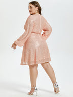 VIP V-Neck Lantern Sleeve Belted Sequin Dress