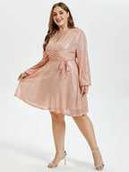 VIP V-Neck Lantern Sleeve Belted Sequin Dress