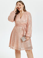 VIP V-Neck Lantern Sleeve Belted Sequin Dress