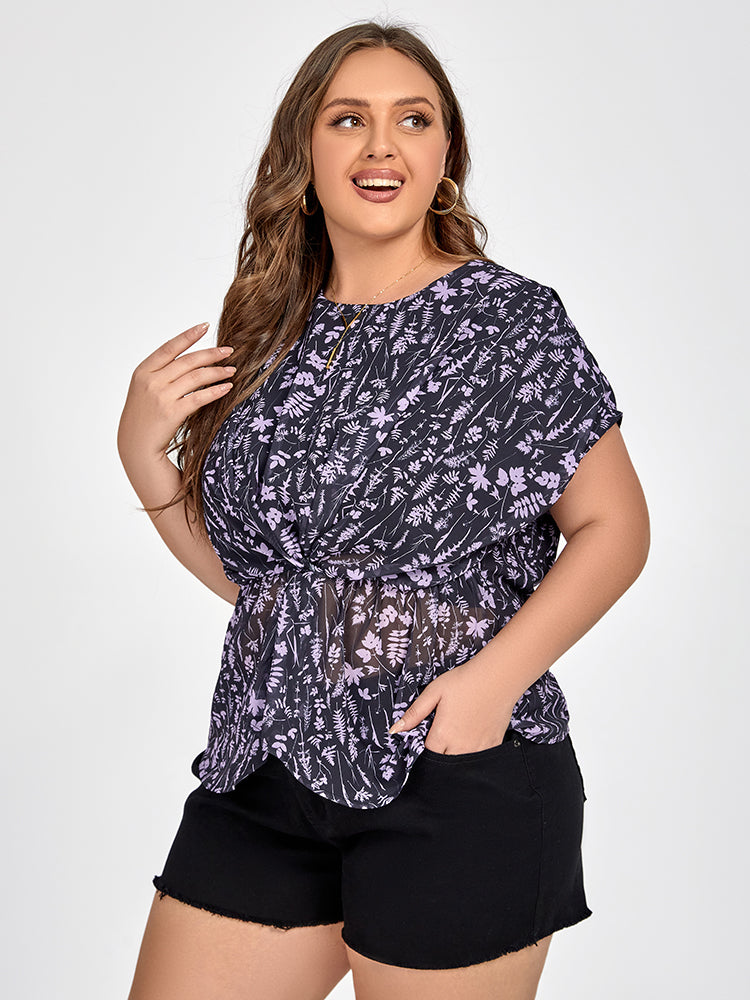 Plus Black Floral Elastic Waist Dolman Sleeve Blouse