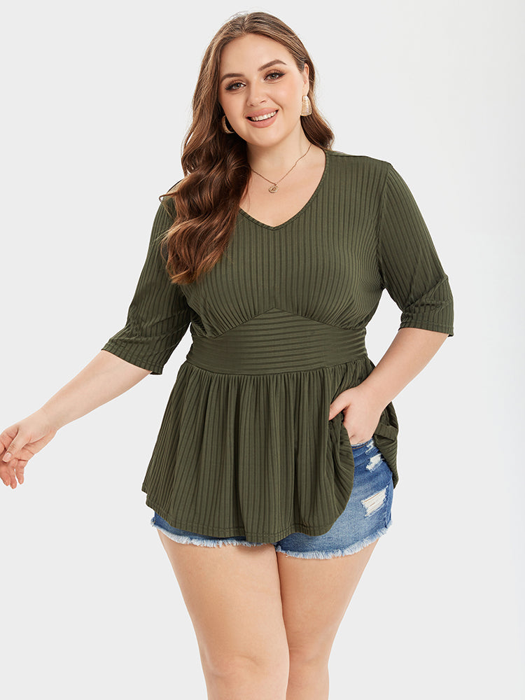 VIP V-Neck Ribbed Knit Peplum Blouse