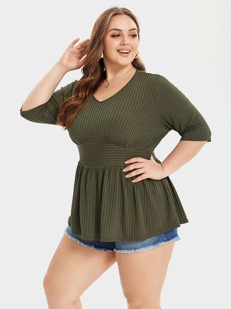 VIP V-Neck Ribbed Knit Peplum Blouse