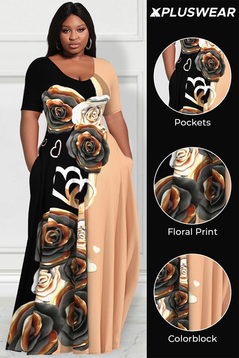 Xpluswear Design Plus Size Casual Colorblock Floral Print Short Sleeve With Pockets Maxi Dress