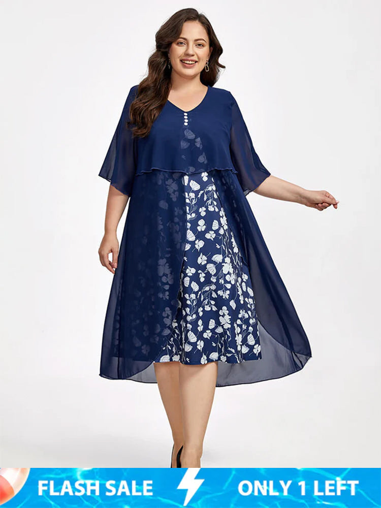 Plus Floral Patchwork Flutter Sleeve Round Neck 2 In 1 Midi Dress