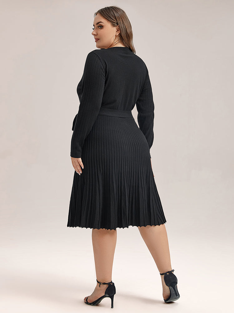 VIP Solid Tie Front Pleated Hem Sweater Dress