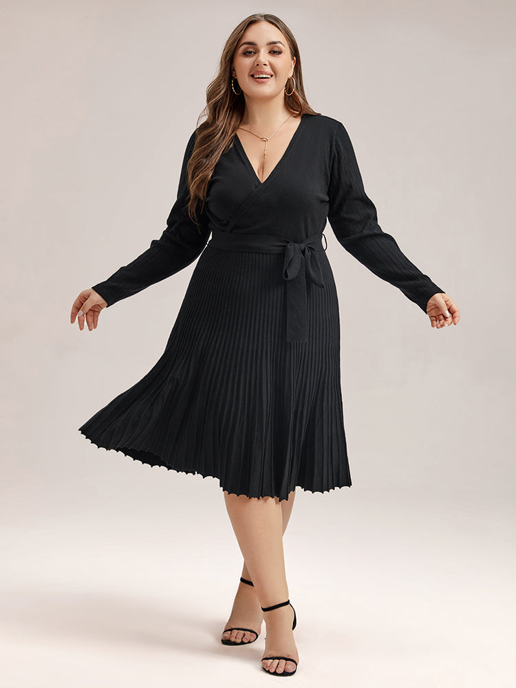 VIP Solid Tie Front Pleated Hem Sweater Dress
