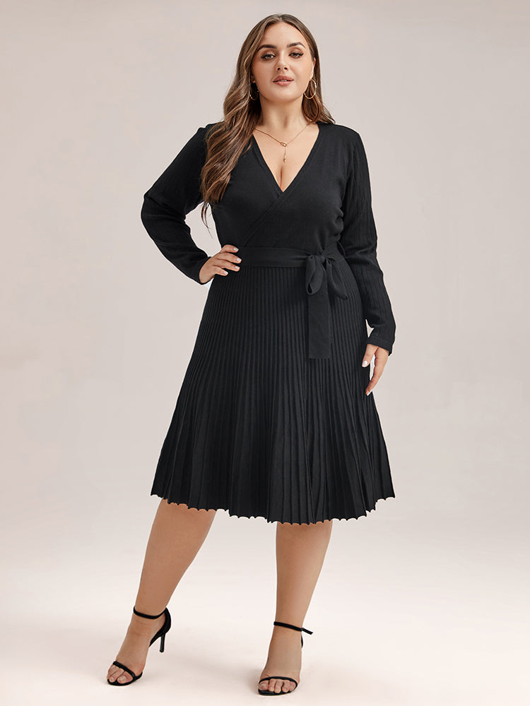 VIP Solid Tie Front Pleated Hem Sweater Dress