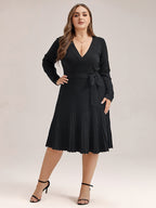 VIP Solid Tie Front Pleated Hem Sweater Dress