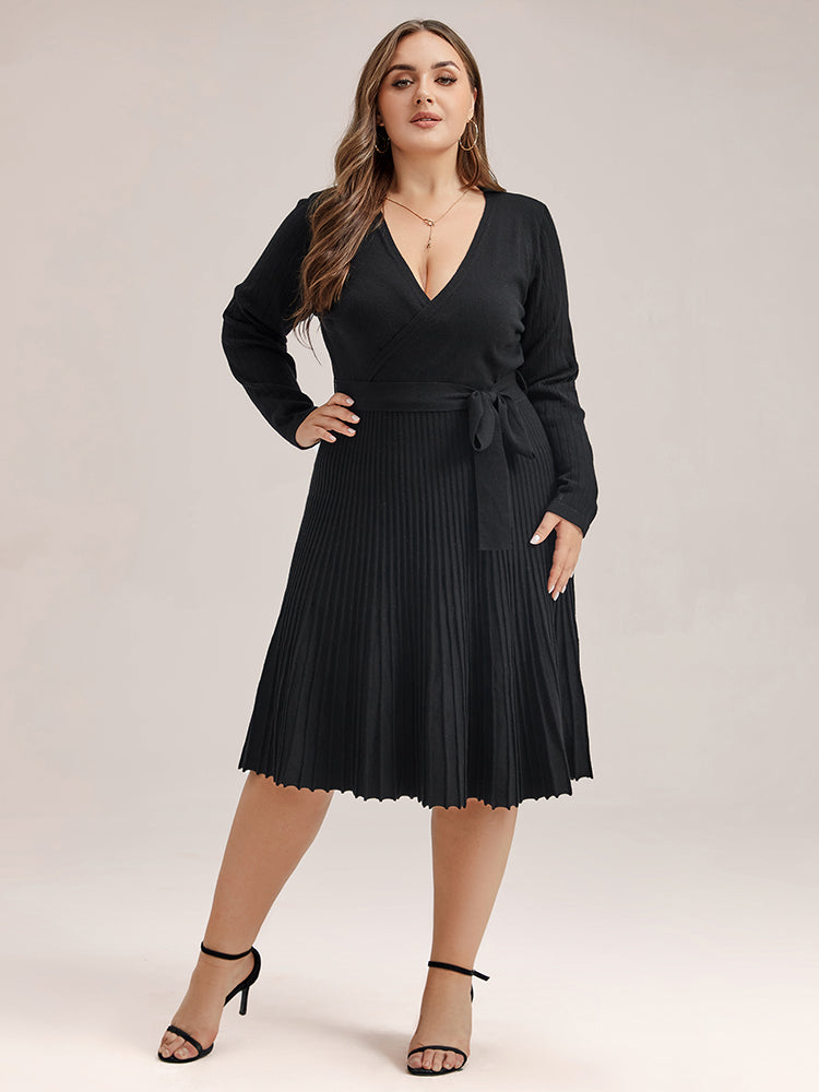 VIP Solid Tie Front Pleated Hem Sweater Dress