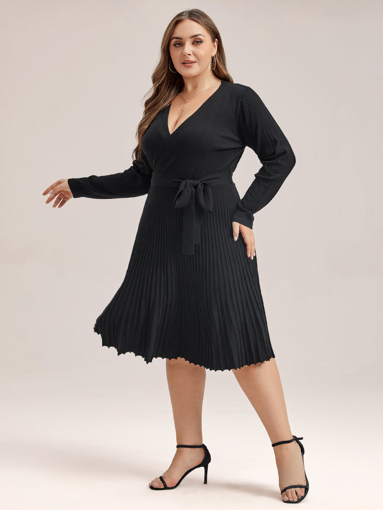 VIP Solid Tie Front Pleated Hem Sweater Dress