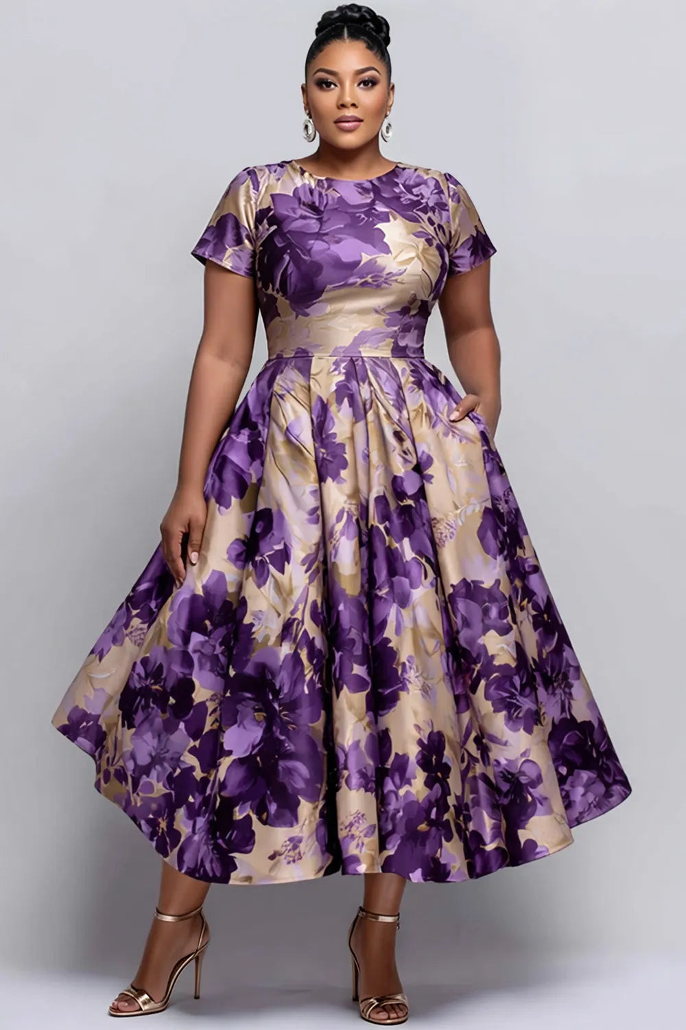 Xpluswear Design Plus Size Cocktail Party Purple Floral Round Neck Short Sleeve Pocket Satin Midi Dresses