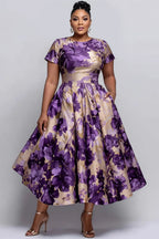 Xpluswear Design Plus Size Cocktail Party Purple Floral Round Neck Short Sleeve Pocket Satin Midi Dresses