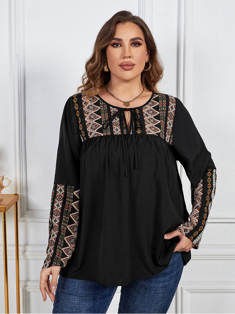 Plus Black Floral Patchwork Tie Neck Ruched Blouse