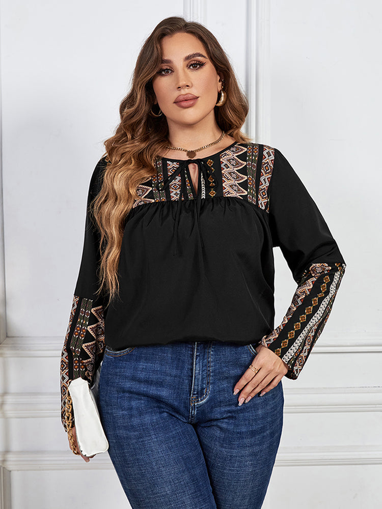 Plus Black Floral Patchwork Tie Neck Ruched Blouse