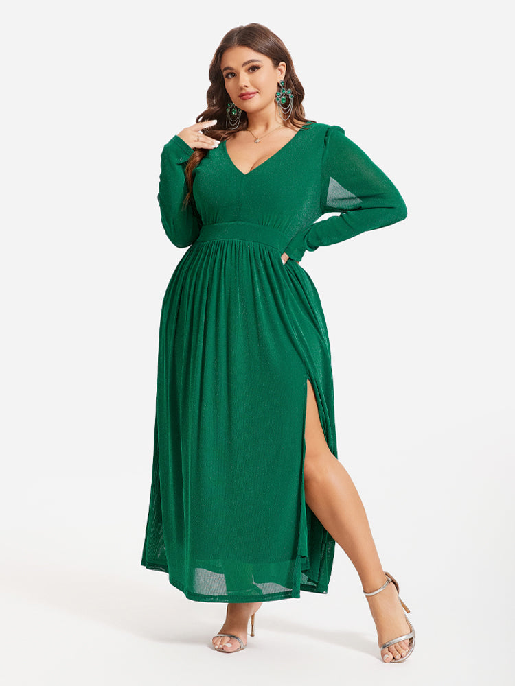 VIP Elastic Waist Split Ruched Glitter Maxi Dress