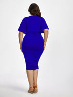 Plus Plain V Neck Ruched Ruffle Sleeve Party Midi Dress