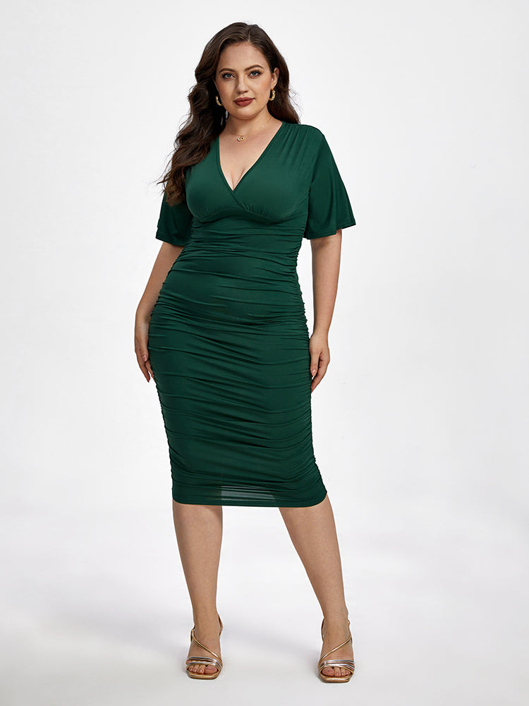 Plus Plain V Neck Ruched Ruffle Sleeve Party Midi Dress