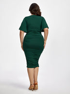Plus Plain V Neck Ruched Ruffle Sleeve Party Midi Dress