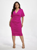 Plus Plain V Neck Ruched Ruffle Sleeve Party Midi Dress