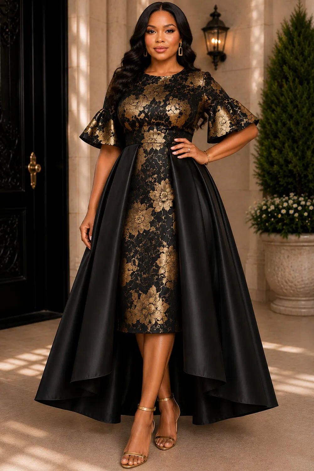 Xpluswear Design Plus Size Formal Black Foil Print Round Neck Puff Sleeve Short Sleeve With Skirt Overlay Satin Midi Dresses [Pre-Order]