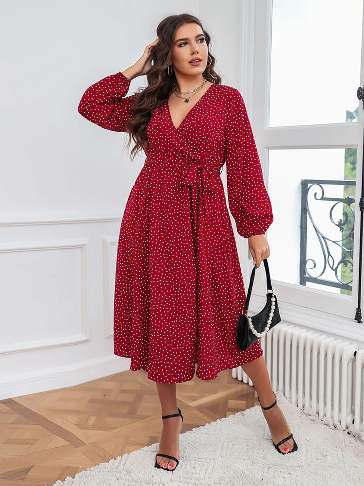 Plus Polka Dot V-Neck Knot Side Wrap Midi Dresses